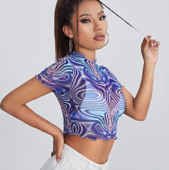 Lettuce Trim Marble Print Sheer Mesh Crop Top NWT XL - Picture 5 of 6